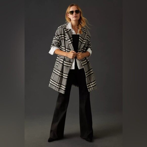 Anthropologie Academia Plaid Checkered Long Coat Preppy Contemporary Neutral - Picture 1 of 15
